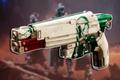 The Call sidearm from Destiny 2 The Final Shape placed against a slightly blurred background of key art for the expansion, showing three Guardians standing on a ridge.
