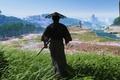 A samurai in black ropes looking out over hills covered in trees and mulitcolored flowers.