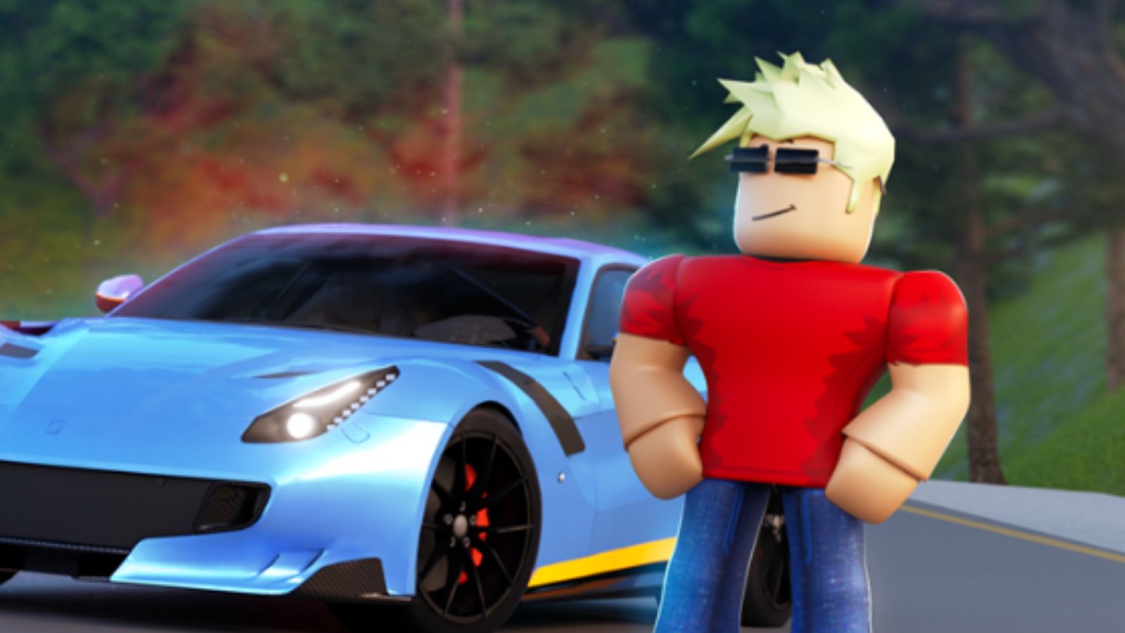 A Roblox avatar wearing a red t-shirt, stood in front of a blue supercar in Driving Empire