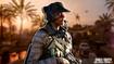 A feminine soldier from Call of Duty Black Ops 6 facing to the right, wearing a cap and headphones, placed against a slightly blurred background of multiplayer gameplay.