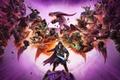 a group of people are standing in front of a dragon in a video game .