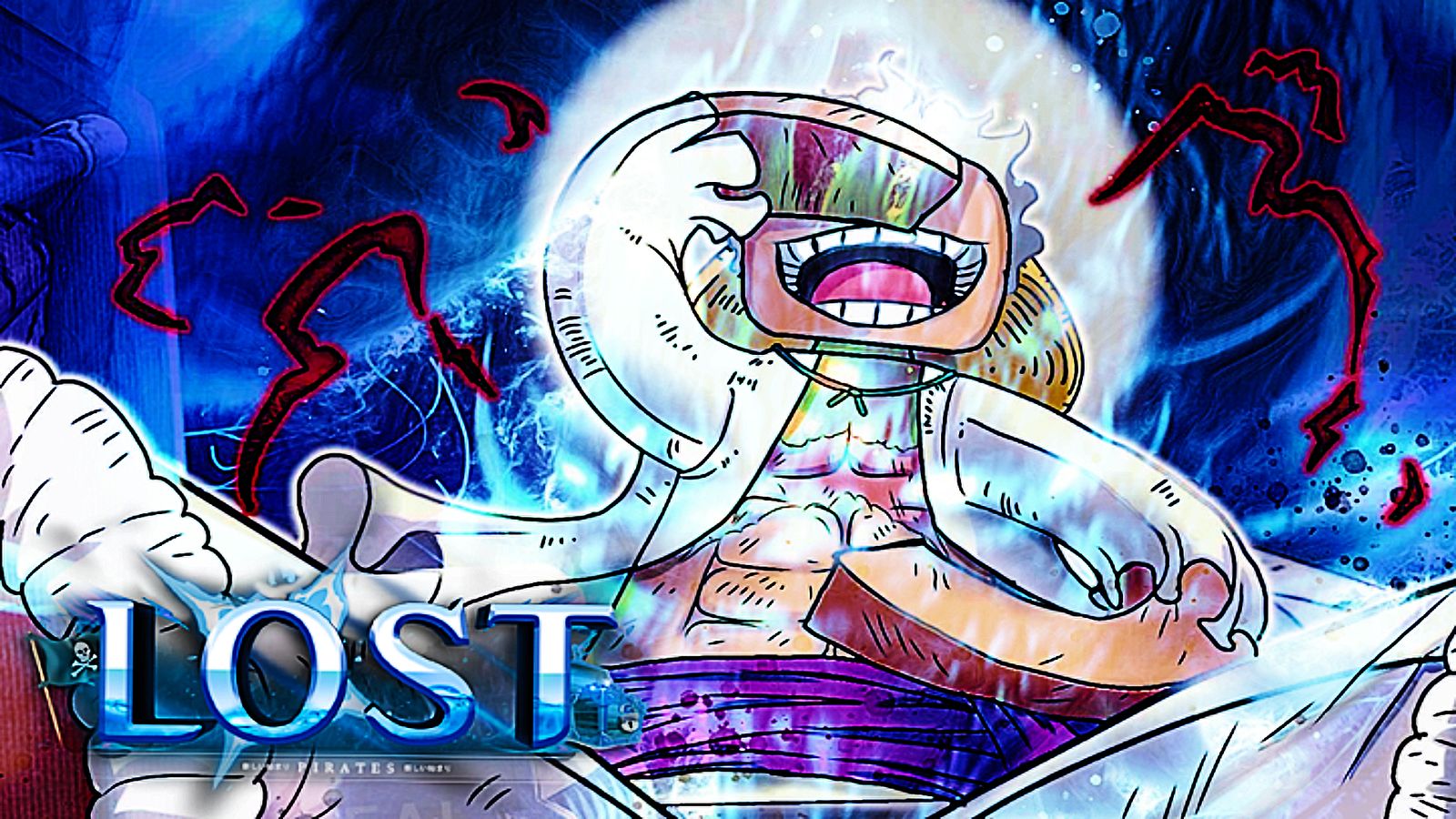 "Lost Pirates" - Roblox person wearing a martial arts outfit with lightning striking behind them