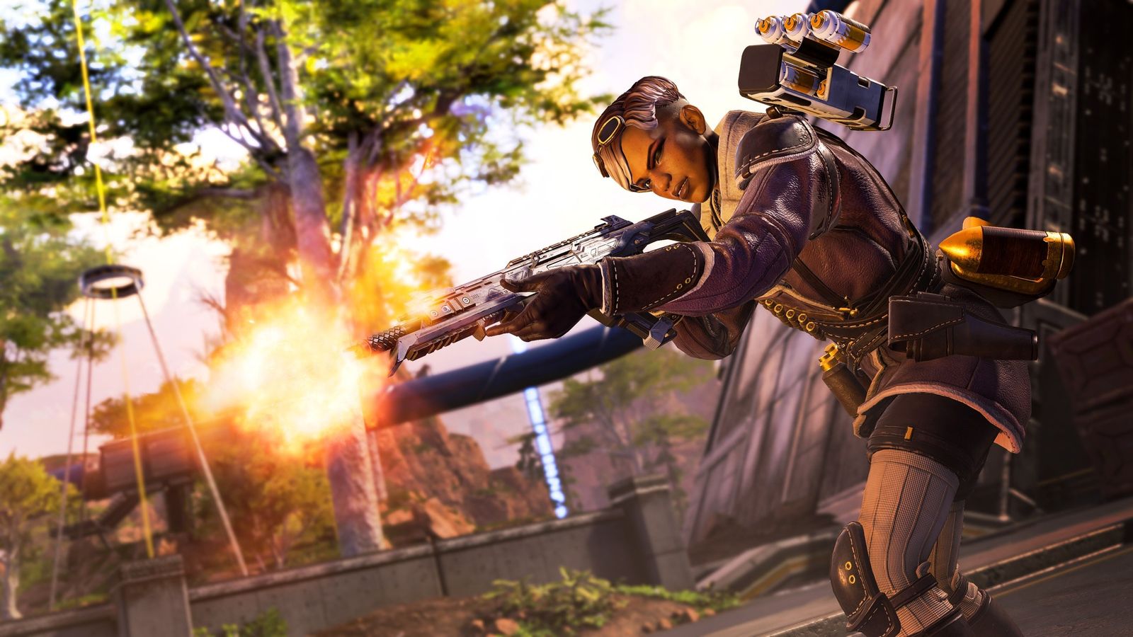 Apex Legends character shooting gun with blast animation tilted side angle